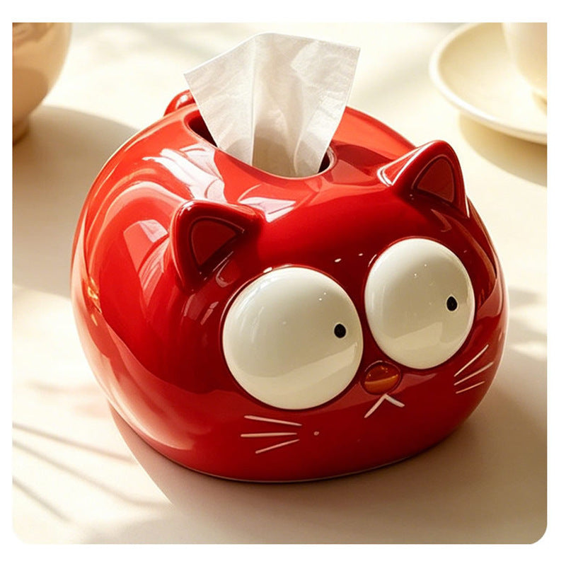Cute Big Eyed Cartoon Cat Ceramic Tissue Box , Plump Kitten Facial Napkin Dispenser, Kawaii Animal Tabletop Tissue Holder
