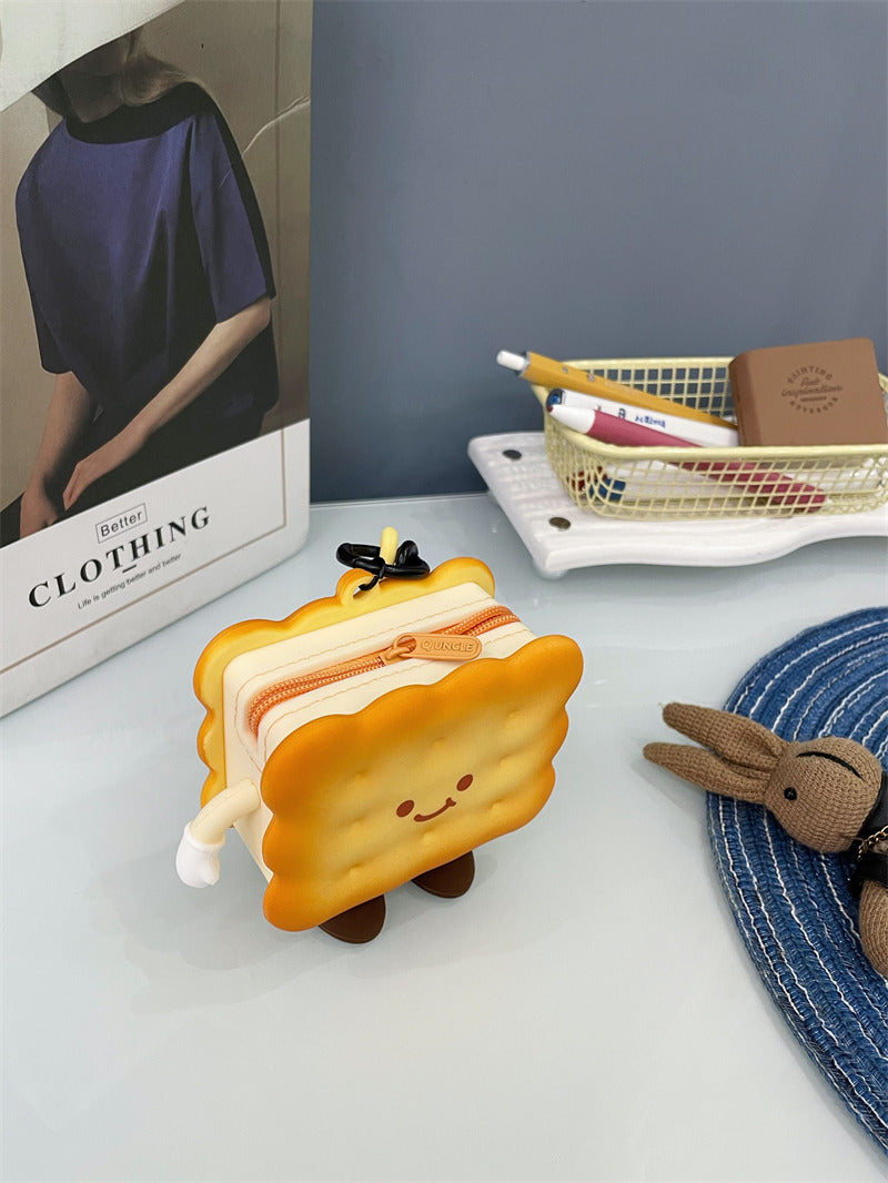Cute Biscuit-Shaped Mini Zipper Pouch, Smiling Cookie Keychain Bag, Small Silicone Coin Purse & Earbud Case
