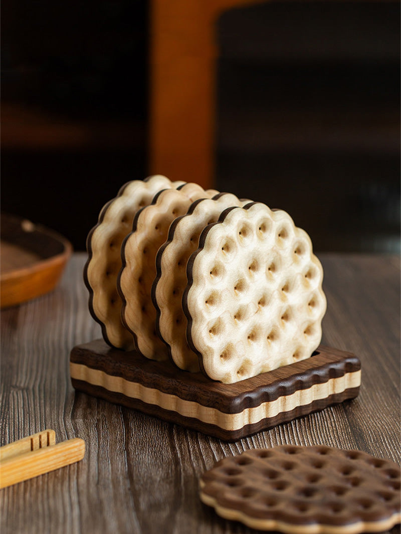 Cute Biscuit Shaped Wooden Coasters Set , Decorative Tea Coffee Cup Mat, Unique Tabletop Decor Gift for Home Kitchen