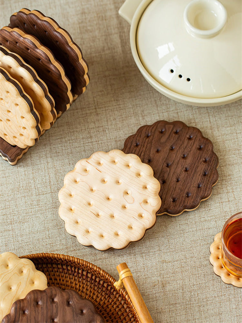 Cute Biscuit Shaped Wooden Coasters Set , Decorative Tea Coffee Cup Mat, Unique Tabletop Decor Gift for Home Kitchen