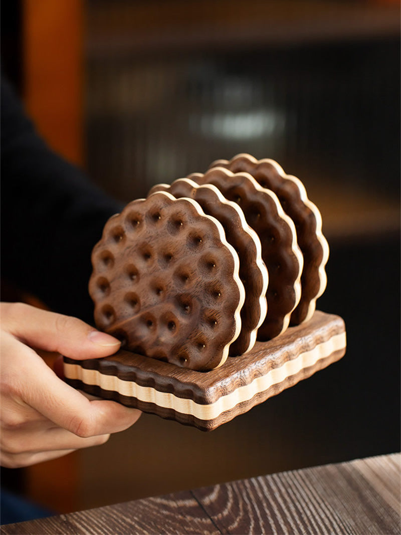 Cute Biscuit Shaped Wooden Coasters Set , Decorative Tea Coffee Cup Mat, Unique Tabletop Decor Gift for Home Kitchen