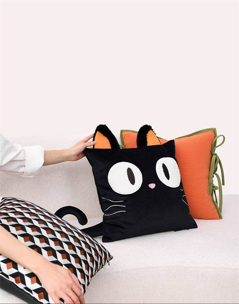 Cute Black Cat Plush Pillow - 3D Cartoon Cat Cushion  for Sofa & Bedroom