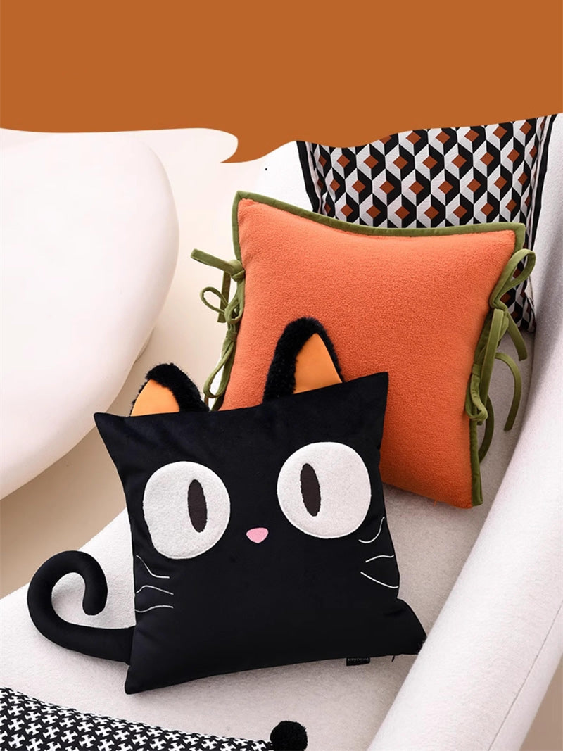 Cute Black Cat Plush Pillow - 3D Cartoon Cat Cushion  for Sofa & Bedroom