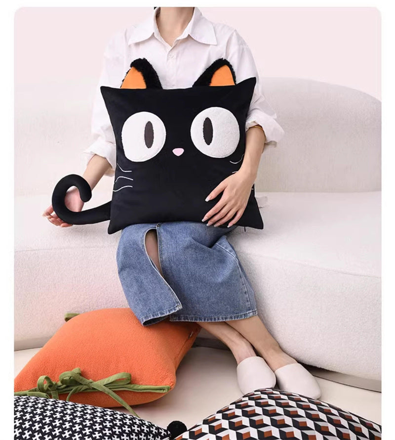 Cute Black Cat Plush Pillow - 3D Cartoon Cat Cushion  for Sofa & Bedroom