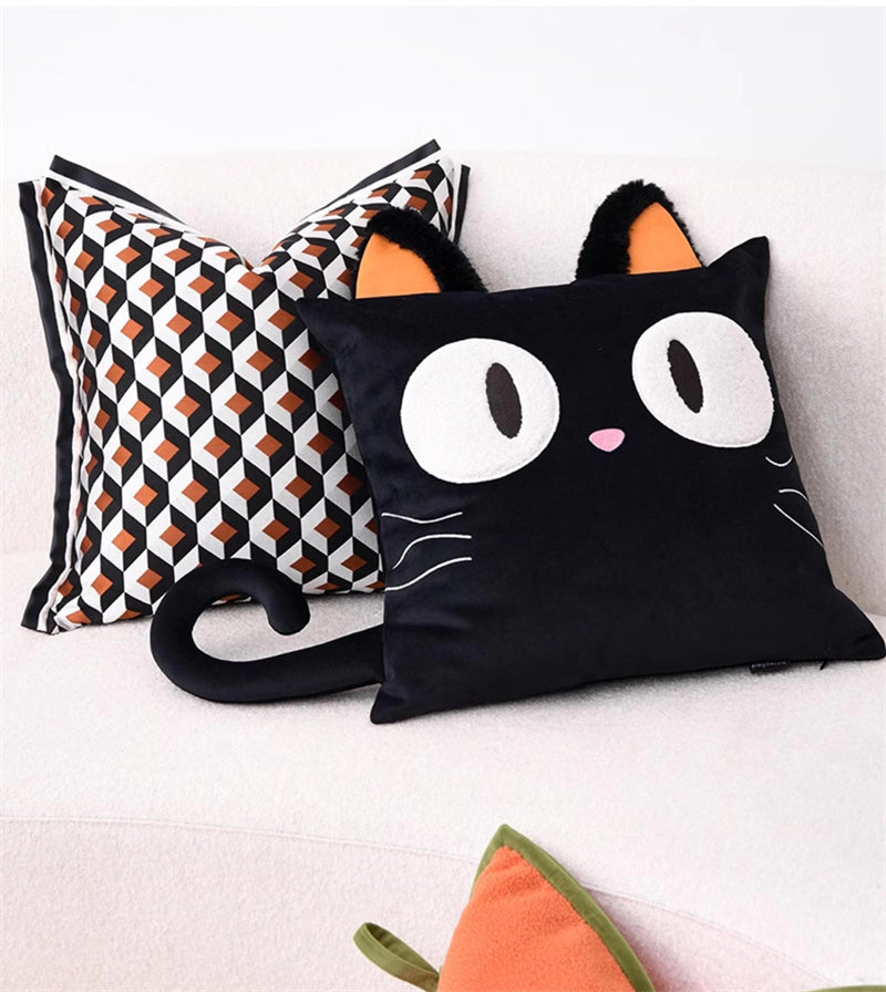 Cute Black Cat Plush Pillow - 3D Cartoon Cat Cushion  for Sofa & Bedroom