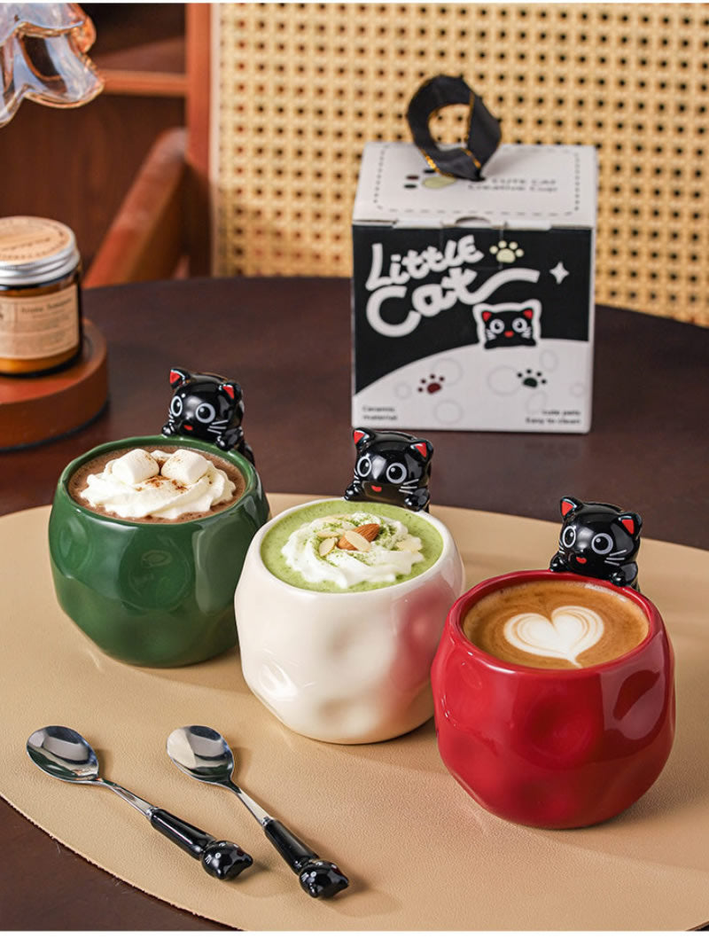 Cute Black Cat Sculpted Ceramic Coffee Mug, Irregular Wavy Textured Cute Cat Cup with Matching Cat Metal Spoon