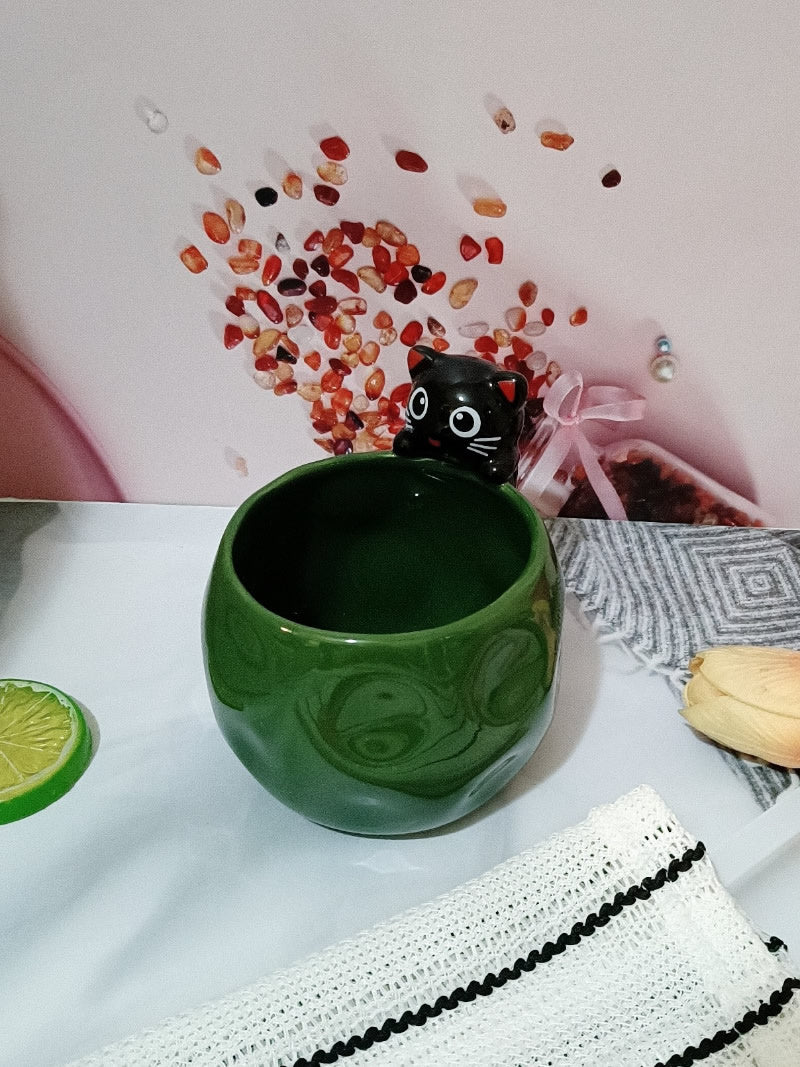 Cute Black Cat Sculpted Ceramic Coffee Mug, Irregular Wavy Textured Cute Cat Cup with Matching Cat Metal Spoon