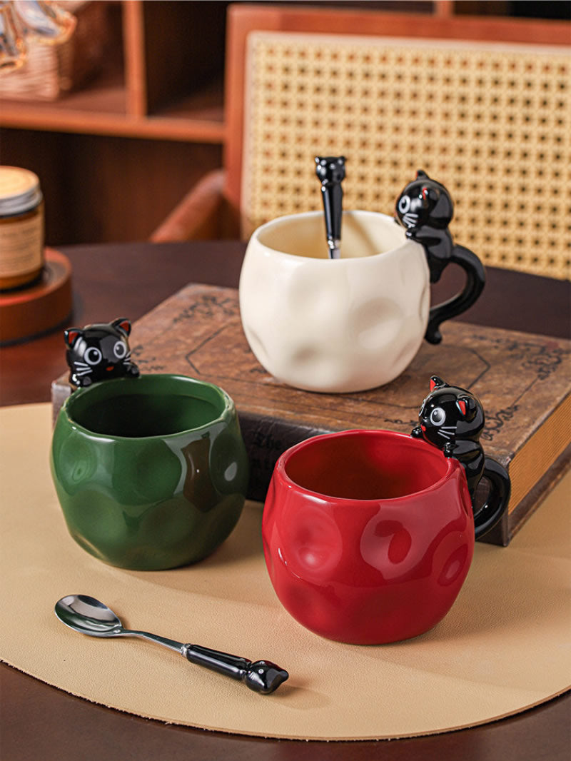 Cute Black Cat Sculpted Ceramic Coffee Mug, Irregular Wavy Textured Cute Cat Cup with Matching Cat Metal Spoon