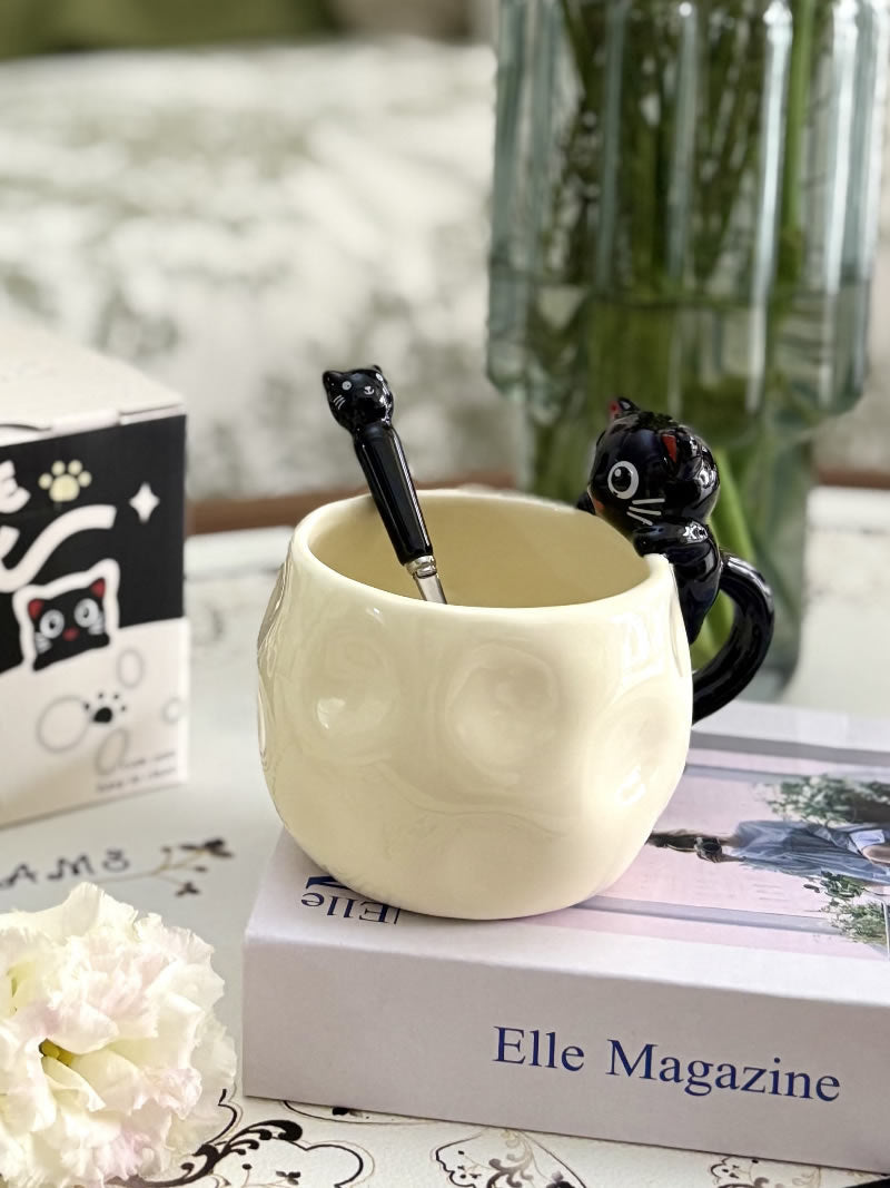 Cute Black Cat Sculpted Ceramic Coffee Mug, Irregular Wavy Textured Cute Cat Cup with Matching Cat Metal Spoon