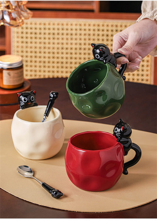 Cute Black Cat Sculpted Ceramic Coffee Mug, Irregular Wavy Textured Cute Cat Cup with Matching Cat Metal Spoon