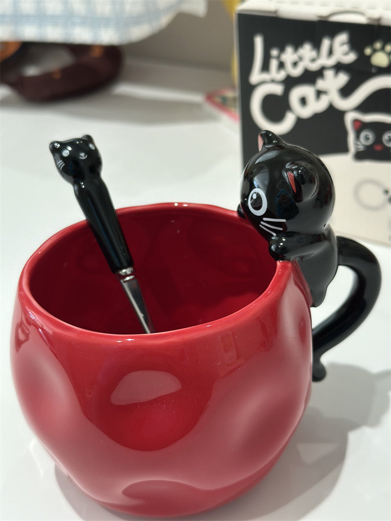 Cute Black Cat Sculpted Ceramic Coffee Mug, Irregular Wavy Textured Cute Cat Cup with Matching Cat Metal Spoon