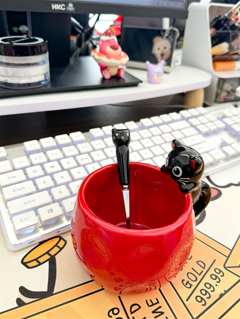 Cute Black Cat Sculpted Ceramic Coffee Mug, Irregular Wavy Textured Cute Cat Cup with Matching Cat Metal Spoon