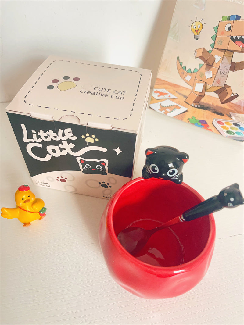 Cute Black Cat Sculpted Ceramic Coffee Mug, Irregular Wavy Textured Cute Cat Cup with Matching Cat Metal Spoon