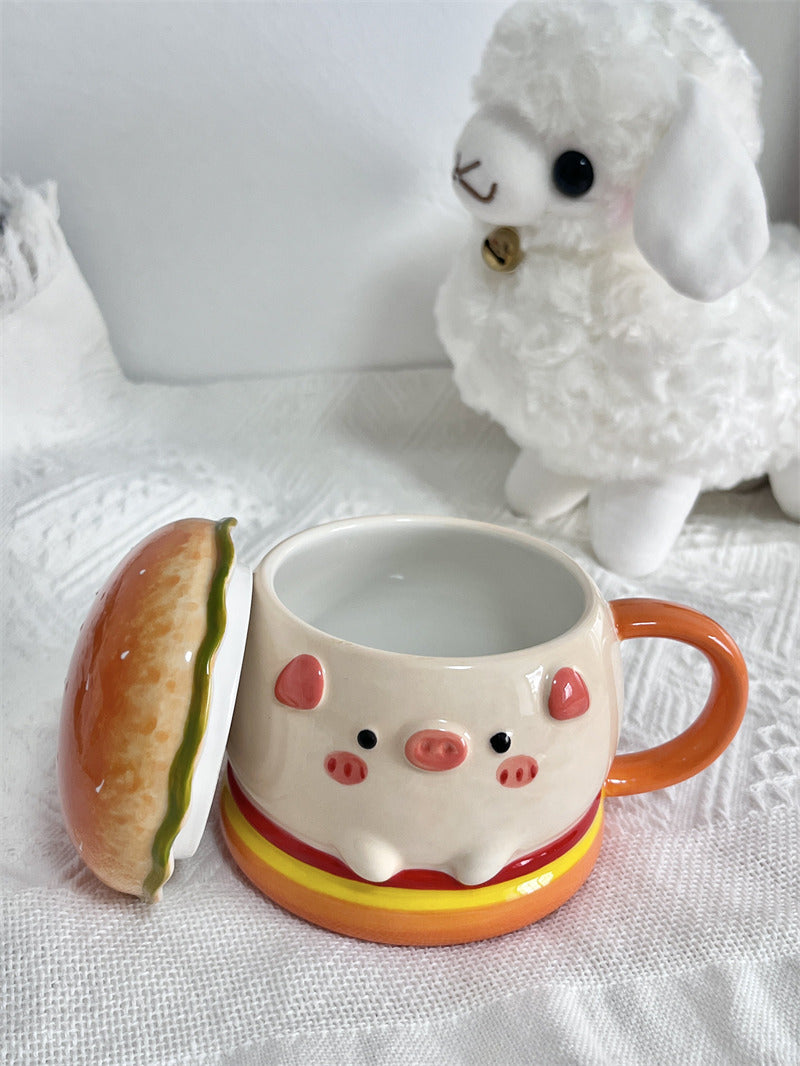 Cute Burger Pig Ceramic Coffee Mug, Large Capacity Kawaii 3D Sculpted Animal Tea Cup