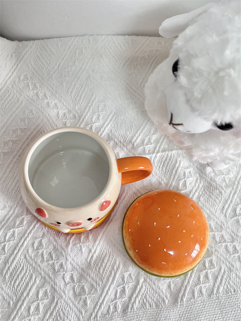 Cute Burger Pig Ceramic Coffee Mug, Large Capacity Kawaii 3D Sculpted Animal Tea Cup
