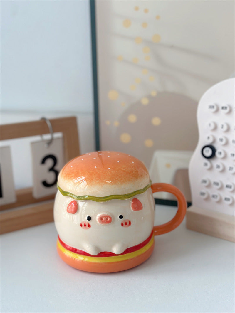 Cute Burger Pig Ceramic Coffee Mug, Large Capacity Kawaii 3D Sculpted Animal Tea Cup