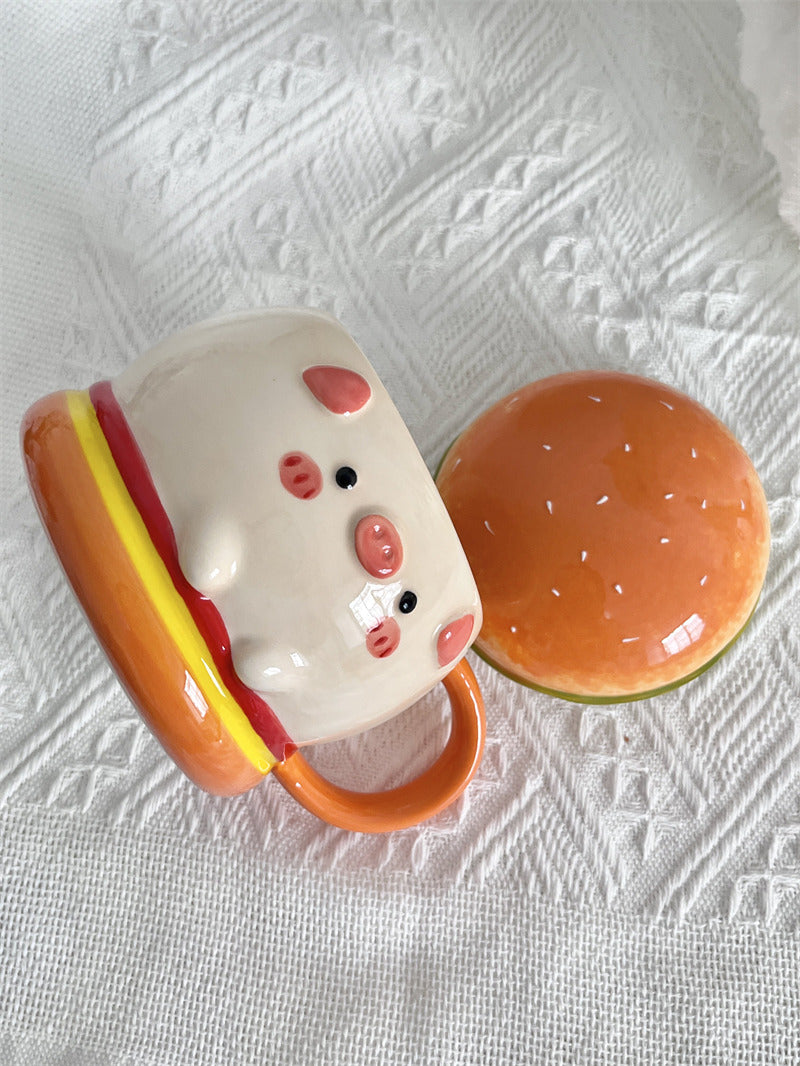 Cute Burger Pig Ceramic Coffee Mug, Large Capacity Kawaii 3D Sculpted Animal Tea Cup