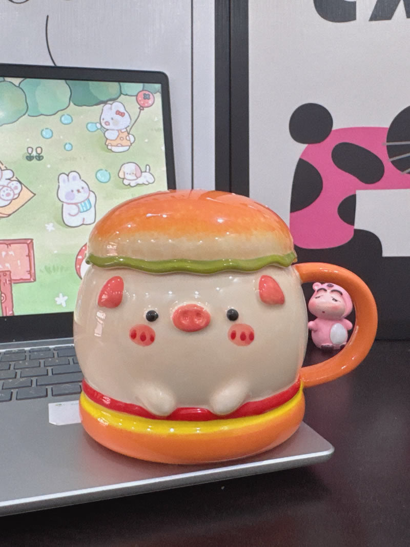 Cute Burger Pig Ceramic Coffee Mug, Large Capacity Kawaii 3D Sculpted Animal Tea Cup