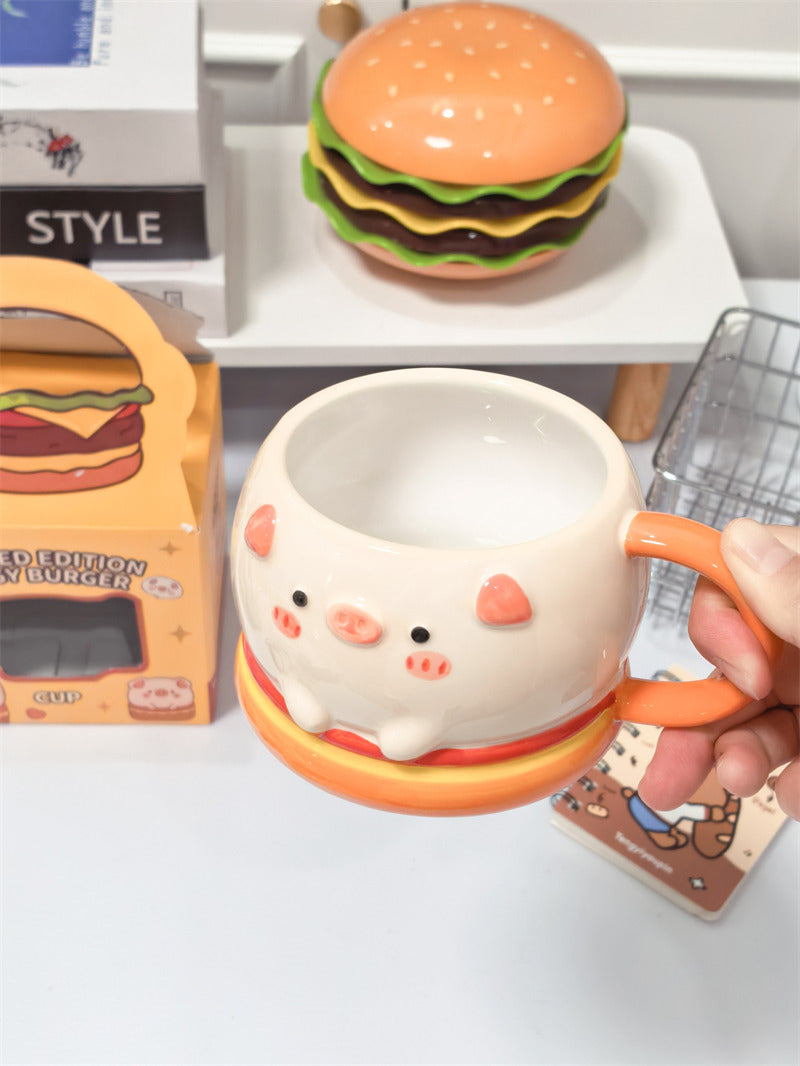 Cute Burger Pig Ceramic Coffee Mug, Large Capacity Kawaii 3D Sculpted Animal Tea Cup