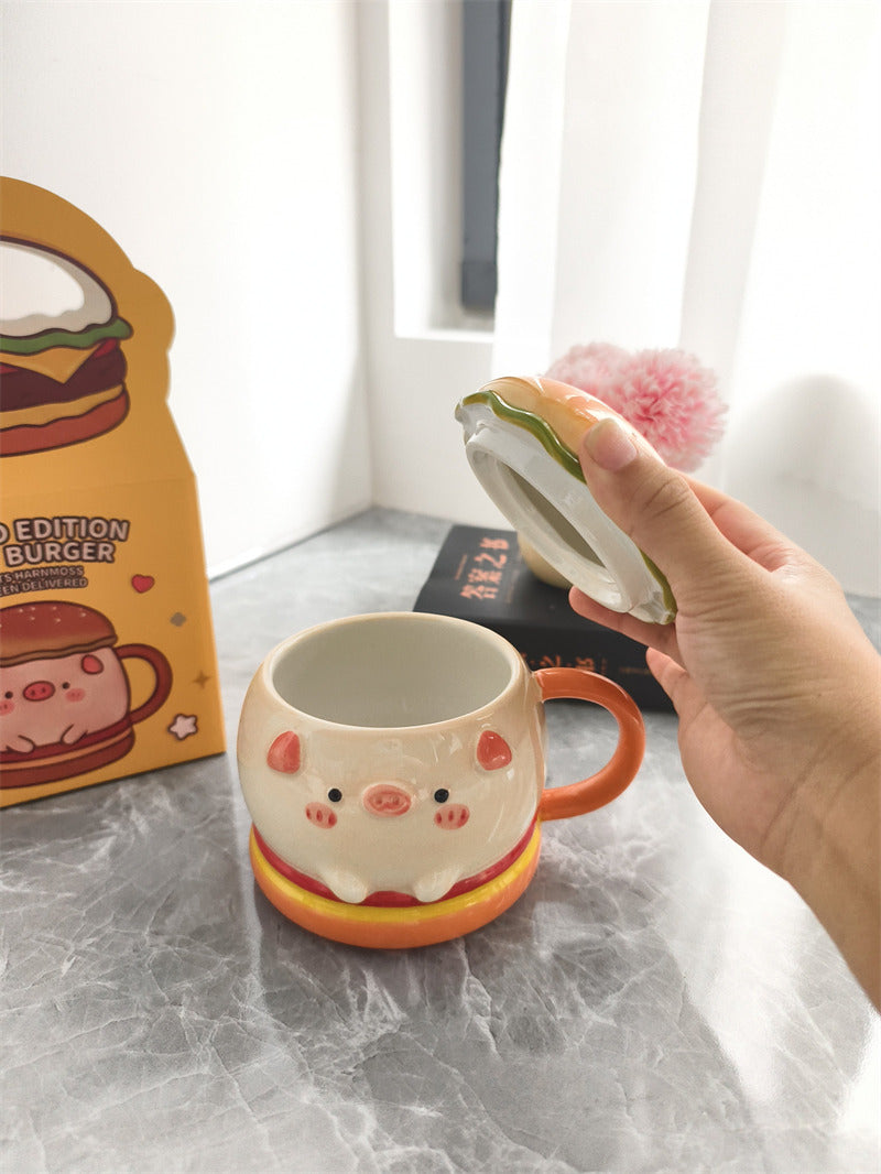 Cute Burger Pig Ceramic Coffee Mug, Large Capacity Kawaii 3D Sculpted Animal Tea Cup