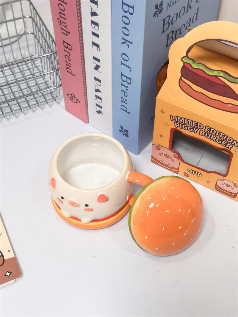 Cute Burger Pig Ceramic Coffee Mug, Large Capacity Kawaii 3D Sculpted Animal Tea Cup