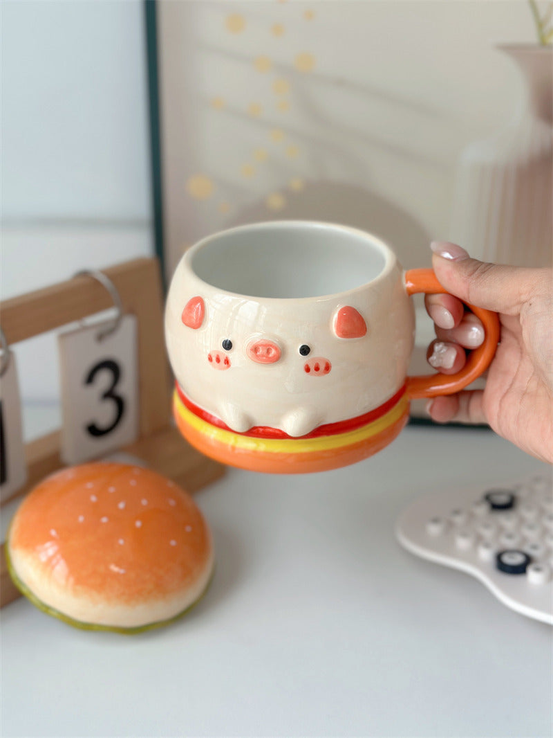 Cute Burger Pig Ceramic Coffee Mug, Large Capacity Kawaii 3D Sculpted Animal Tea Cup