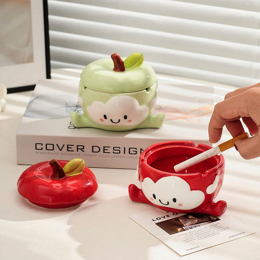 Cute Cartoon Apple Ceramic Ashtray - Playful Fruit-Shaped Smoking Accessory with Leaf Lid