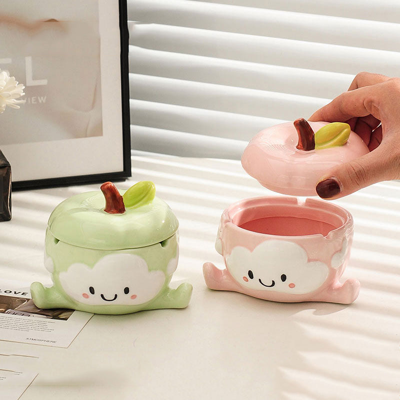 Cute Cartoon Apple Ceramic Ashtray - Playful Fruit-Shaped Smoking Accessory with Leaf Lid