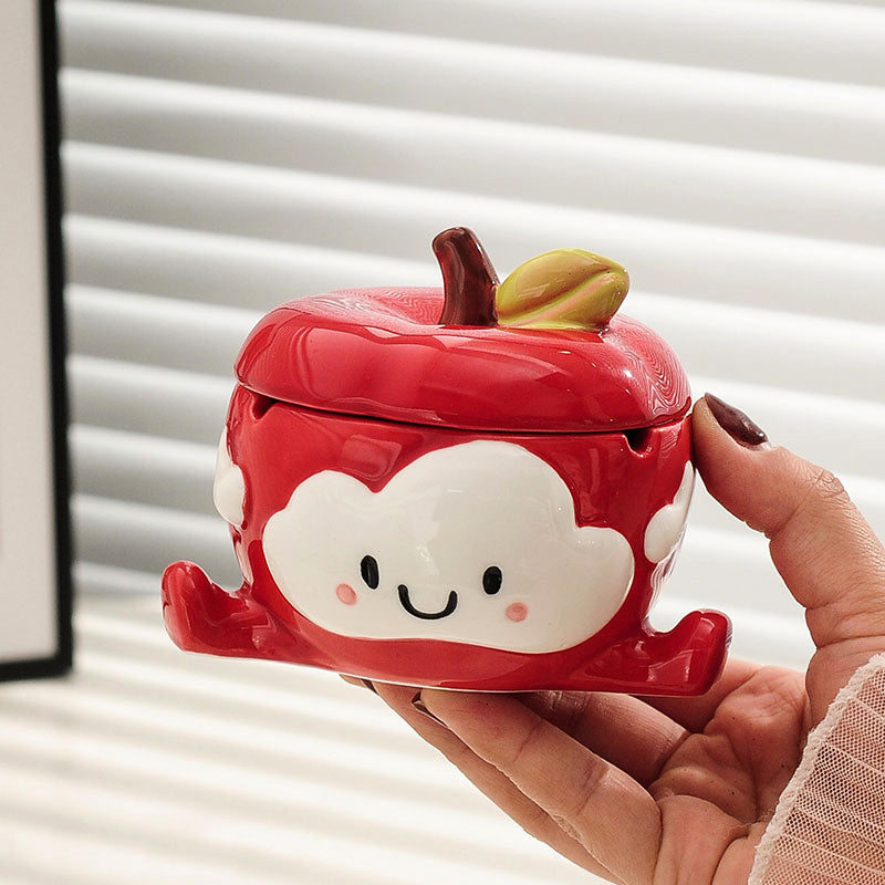 Cute Cartoon Apple Ceramic Ashtray - Playful Fruit-Shaped Smoking Accessory with Leaf Lid