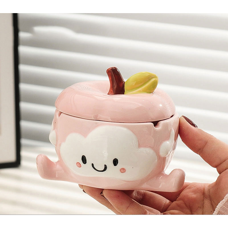 Cute Cartoon Apple Ceramic Ashtray - Playful Fruit-Shaped Smoking Accessory with Leaf Lid