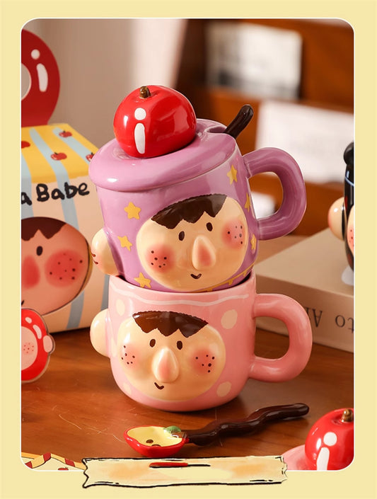 Cute Cartoon Ceramic Mug Set with Lid & Spoon - Creative Gifts
