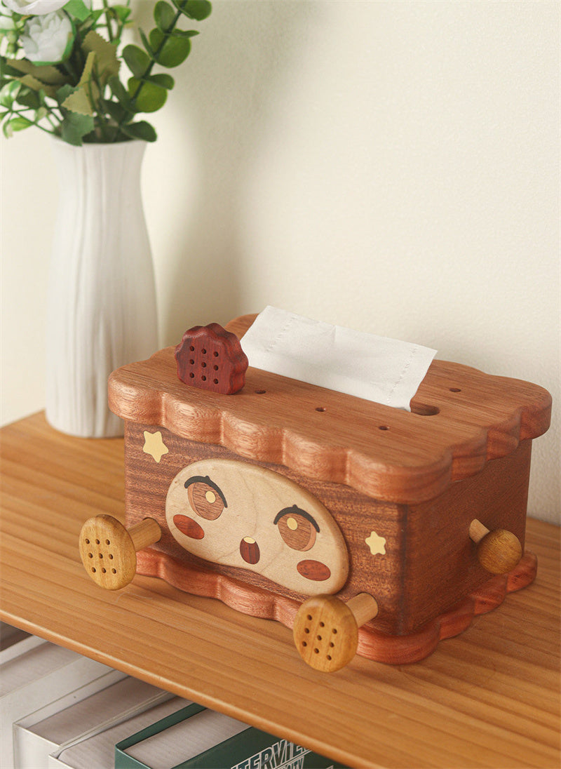 Cute Cartoon Cookie Wooden Tissue Box, Kawaii Solid Wood Tissue Holder for Desk & Bedroom Decor