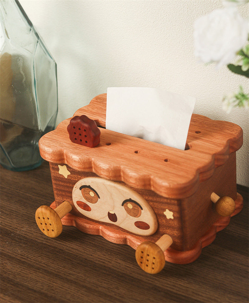 Cute Cartoon Cookie Wooden Tissue Box, Kawaii Solid Wood Tissue Holder for Desk & Bedroom Decor