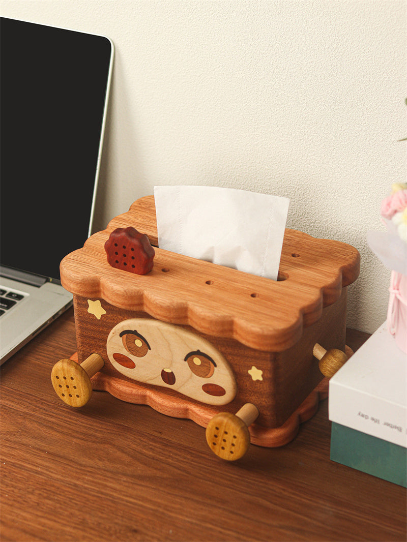 Cute Cartoon Cookie Wooden Tissue Box, Kawaii Solid Wood Tissue Holder for Desk & Bedroom Decor
