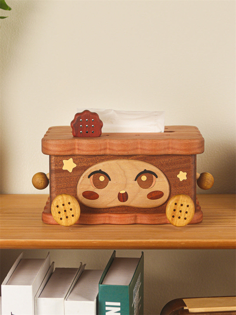 Cute Cartoon Cookie Wooden Tissue Box, Kawaii Solid Wood Tissue Holder for Desk & Bedroom Decor