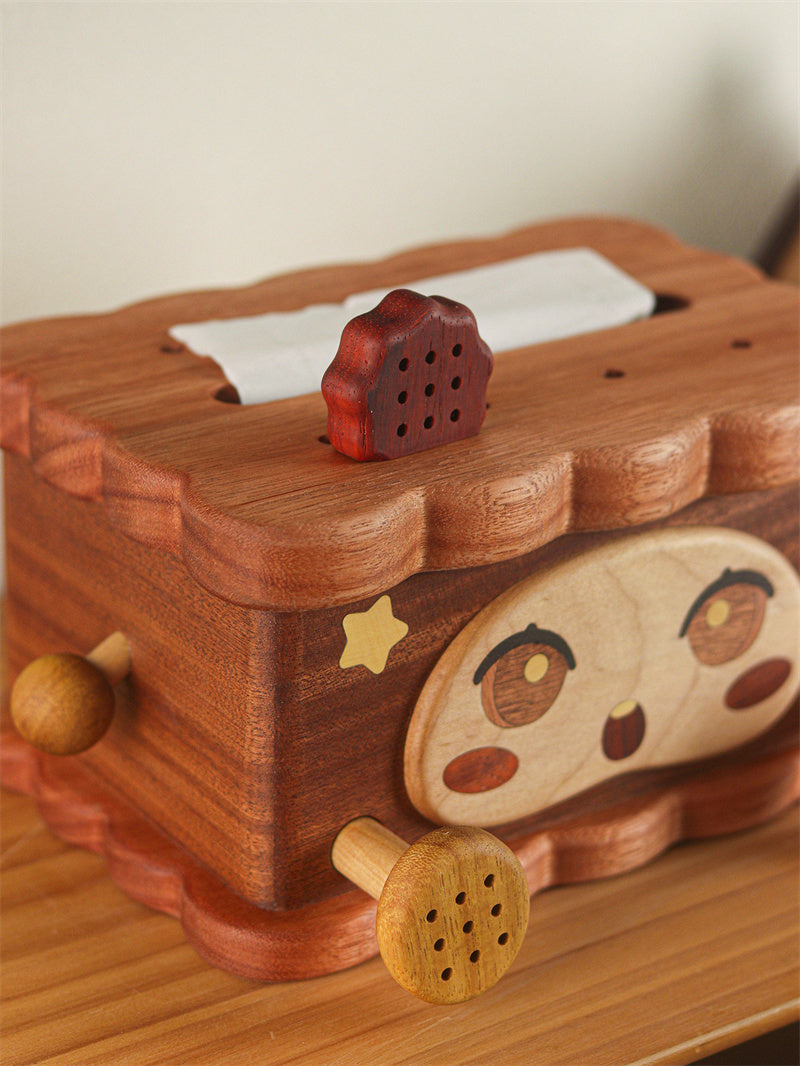 Cute Cartoon Cookie Wooden Tissue Box, Kawaii Solid Wood Tissue Holder for Desk & Bedroom Decor