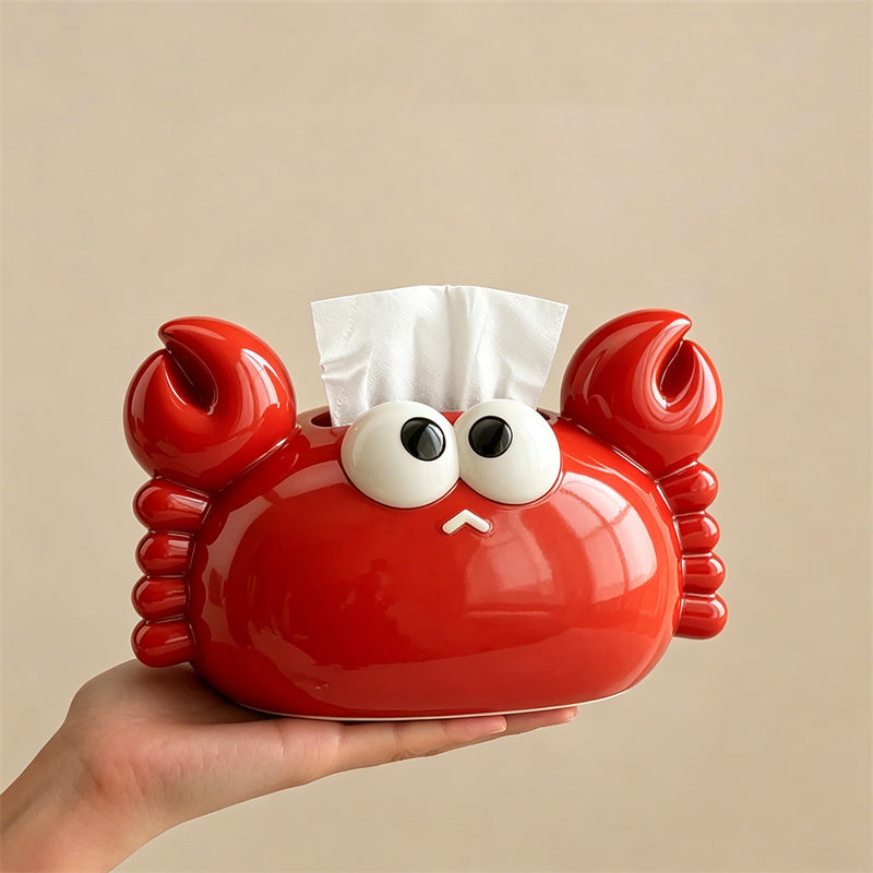 Cute Cartoon Crab Glossy Ceramic Tissue Box with Phone Holder,Playful Aesthetic Bedroom Living Room Office Decor, Unique Novelty Gift & Home Decor