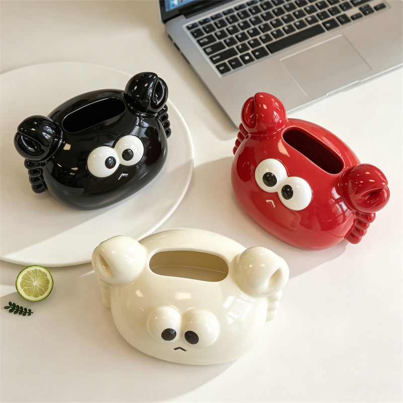 Cute Cartoon Crab Glossy Ceramic Tissue Box with Phone Holder,Playful Aesthetic Bedroom Living Room Office Decor, Unique Novelty Gift & Home Decor