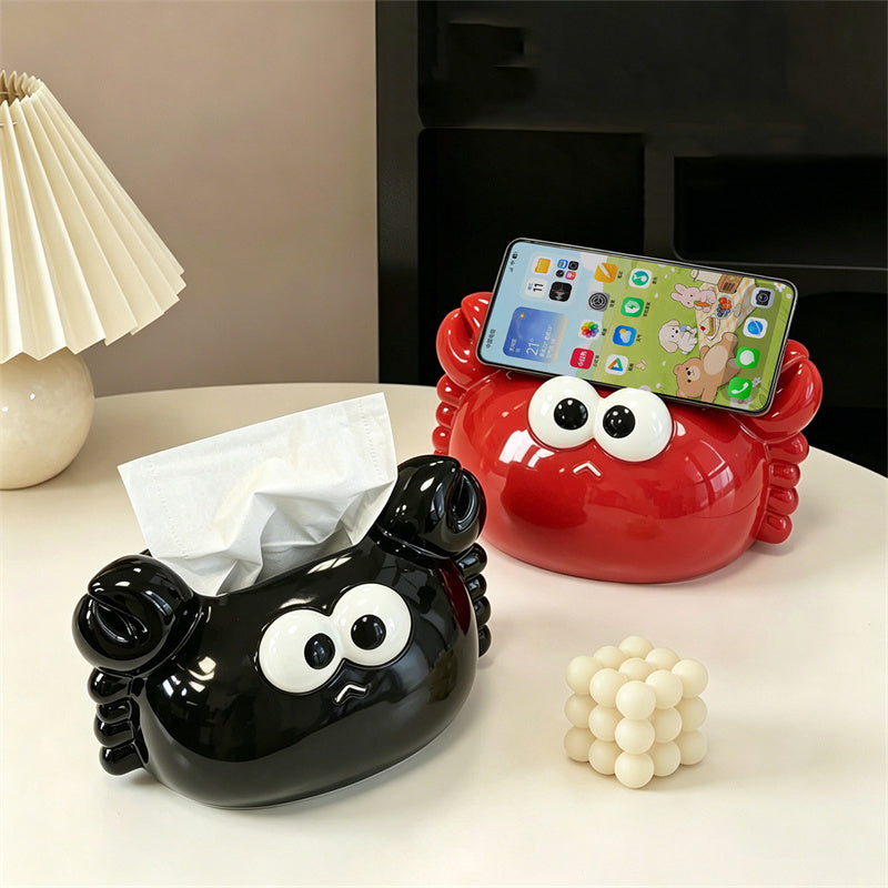 Cute Cartoon Crab Glossy Ceramic Tissue Box with Phone Holder,Playful Aesthetic Bedroom Living Room Office Decor, Unique Novelty Gift & Home Decor