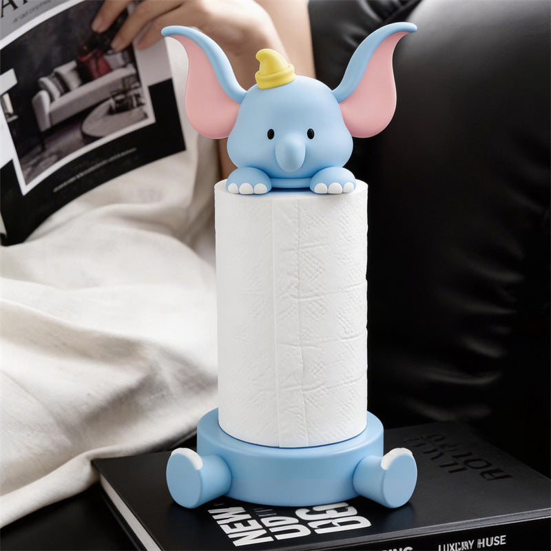 Cute Cartoon Dumbo Baby Elephant Resin Paper Towel Roll Holder& Tissue Dispenser for Kitchen Paper Rolls, Kawaii Animal Tabletop Storage Caddy for Dining Counter Bedroom Vanity