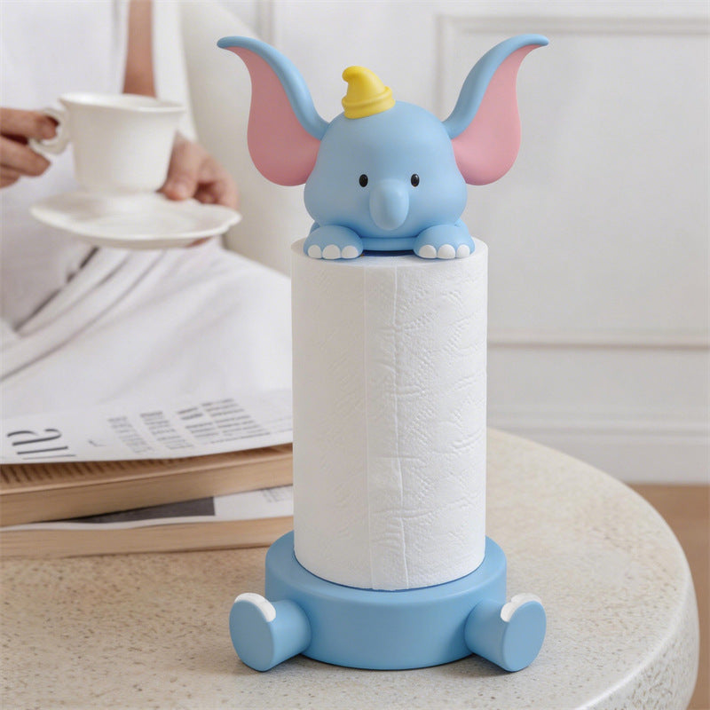 Cute Cartoon Dumbo Baby Elephant Resin Paper Towel Roll Holder& Tissue Dispenser for Kitchen Paper Rolls, Kawaii Animal Tabletop Storage Caddy for Dining Counter Bedroom Vanity