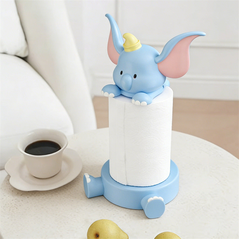 Cute Cartoon Dumbo Baby Elephant Resin Paper Towel Roll Holder& Tissue Dispenser for Kitchen Paper Rolls, Kawaii Animal Tabletop Storage Caddy for Dining Counter Bedroom Vanity