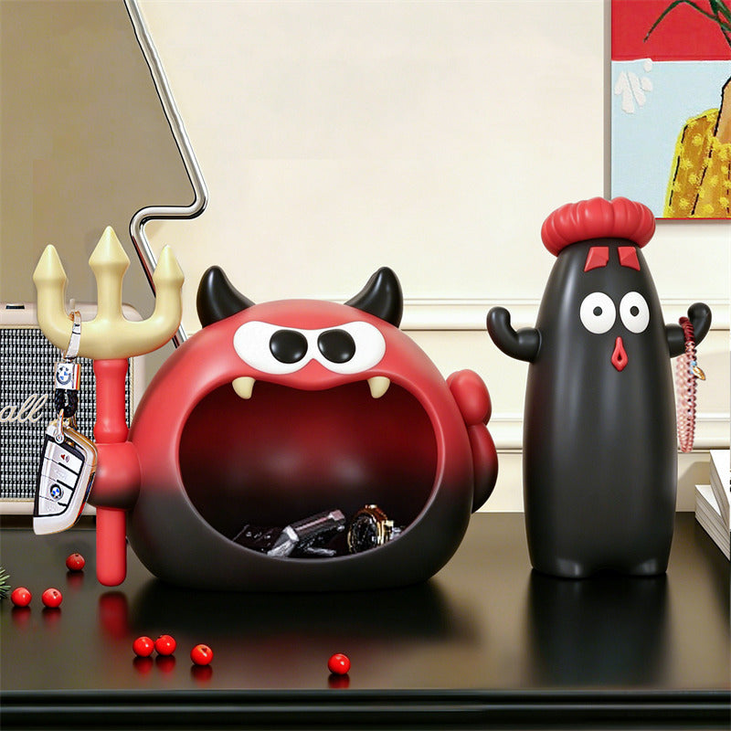 Cute Cartoon Little Devil Key Storage Tray with Hook , Monster Desktop Sundries Organizer, Funny Halloween Home Decor Gift