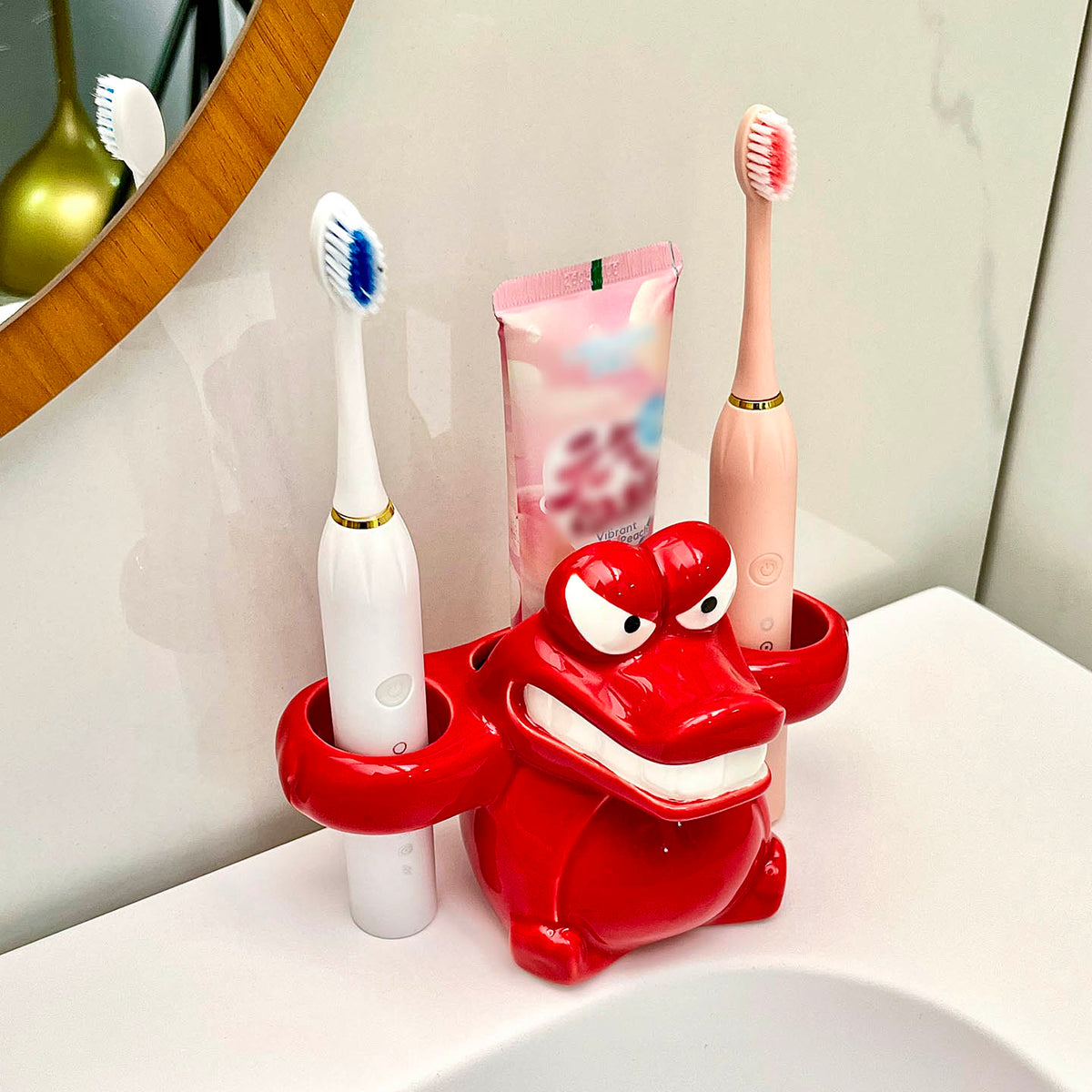Cute Cartoon Red Crocodile Ceramic Toothbrush Holder, Toothpaste & Electric Toothbrush Storage Rack, Creative Bathroom Vanity Decor Gift