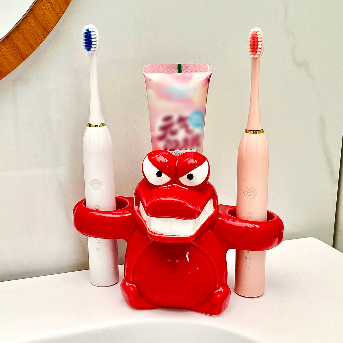 Cute Cartoon Red Crocodile Ceramic Toothbrush Holder, Toothpaste & Electric Toothbrush Storage Rack, Creative Bathroom Vanity Decor Gift