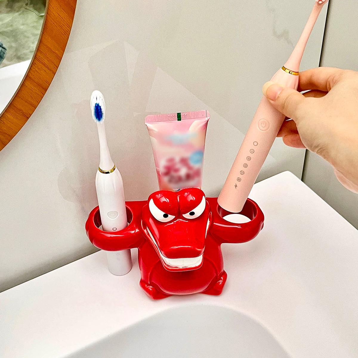 Cute Cartoon Red Crocodile Ceramic Toothbrush Holder, Toothpaste & Electric Toothbrush Storage Rack, Creative Bathroom Vanity Decor Gift