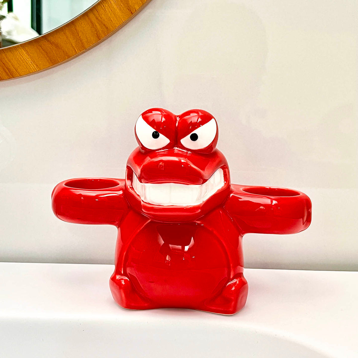 Cute Cartoon Red Crocodile Ceramic Toothbrush Holder, Toothpaste & Electric Toothbrush Storage Rack, Creative Bathroom Vanity Decor Gift