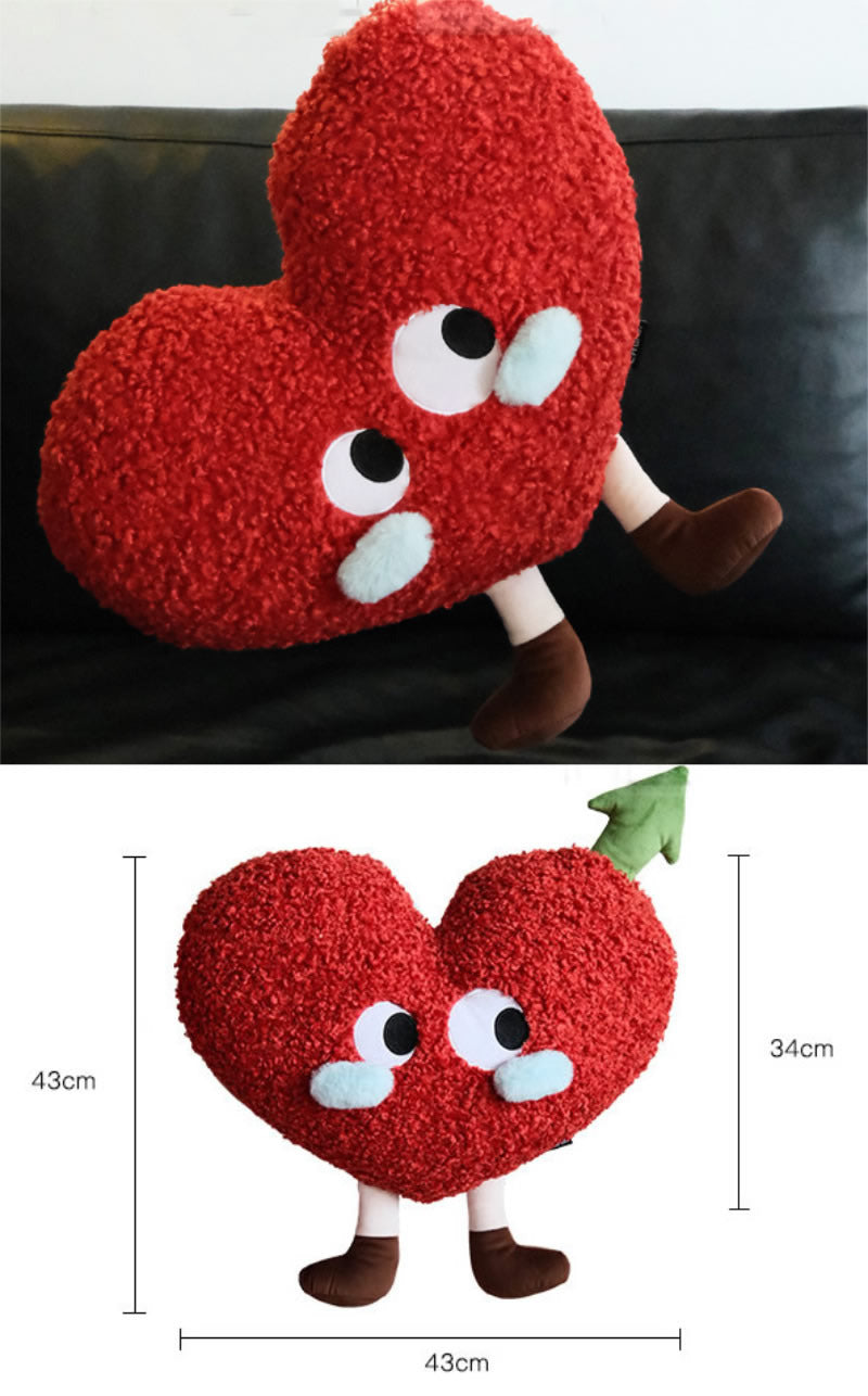 Cute Cartoon Red Heart Plush Pillow with Removable Green Arrow, Fluffy Curly Heart Stuffed Toy, Kawaii Sofa Bed Decor Cushion, Romantic Valentine’s Day Gift for Her