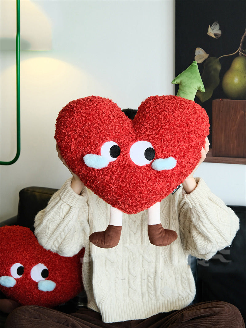 Cute Cartoon Red Heart Plush Pillow with Removable Green Arrow, Fluffy Curly Heart Stuffed Toy, Kawaii Sofa Bed Decor Cushion, Romantic Valentine’s Day Gift for Her