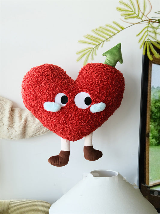 Cute Cartoon Red Heart Plush Pillow with Removable Green Arrow, Fluffy Curly Heart Stuffed Toy, Kawaii Sofa Bed Decor Cushion, Romantic Valentine’s Day Gift for Her